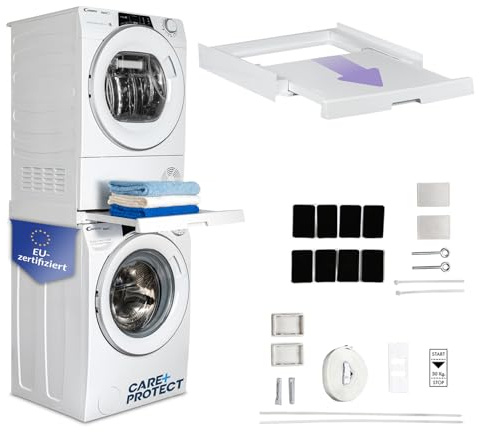 CARE+PROTECT Universaler Zwischenbaurahmen mit ausziehbarem Boden für Waschmaschinen und Trockner, passend für Geräte mit Tiefe 47-62 cm, platzsparend, weiß, eckige Front