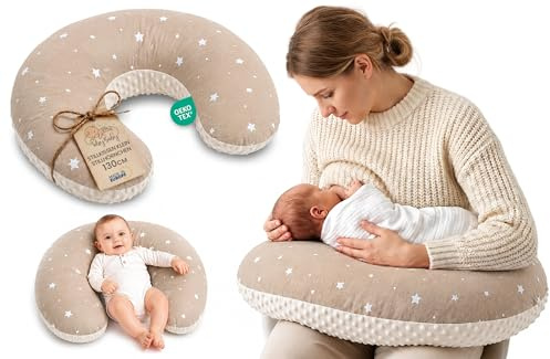 Stillkissen klein Mond Minky 130 cm - Nursing und Breastfeeding Pillow Stillmond Stützkissen Stillhörnchen kleines Still Kissen und Lagerungskissen beim Stillen Oeko-Tex Beige mit Weiß Sternen