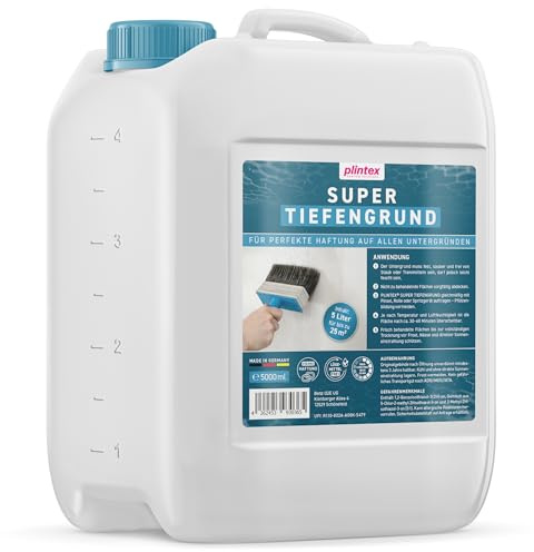 PLINTEX® Super Tiefengrund Innen & Außen 5L für ca 25 m² - Haftgrund für saugende & nicht-saugende Untergründe - Grundierung für Fliesen, Beton, Wand, & Holz, geruchsarm & lösemittelfrei