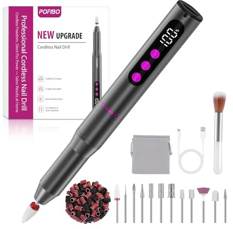 POFIBO Nagelfräser Kabellose Elektrische Nagelfeile - 35000 U/Min Nagelfräser für Gelnägel, 12 IN 1 Professionell Fräser für Nägel & Acrylnägel, Maniküre Pediküre Set mit 5 Geschwindigkeiten