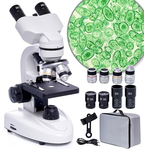 QQ CAT Binokularmikroskope, 200x-5000x, Biologische Mikroskope mit 6-fachem Multiplikator, Aluminiumrahmen, LED-Beleuchtung, Mikroskop-Klingen-Set, Telefonadapter