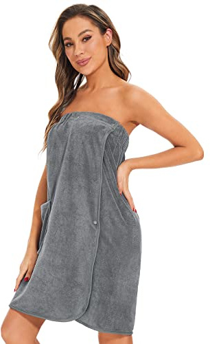 Ymmchy Sauna Frottee Bademantel Damen Saunatuch Saunakilt mit Druckknöpfen, Tasche und Gummizug Grau L