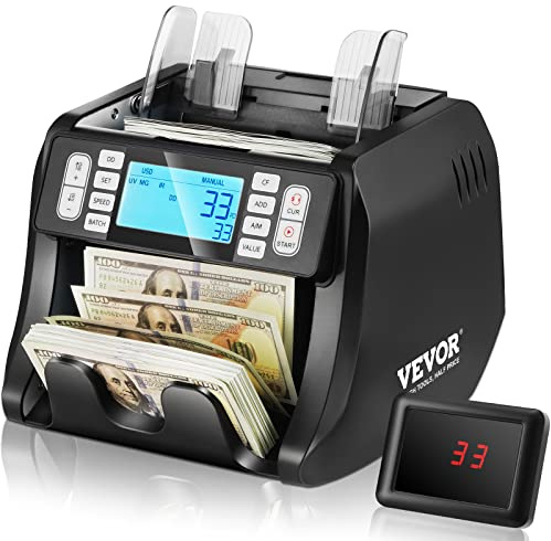 VEVOR Geldzählmaschine Banknotenzähler mit UV-, MG-, IR- und DD-Falschgelderkennung USD- und EUR-Geldzählmaschine mit Großes LCD & Externes Display Kann gemischte Noten nicht zählen
