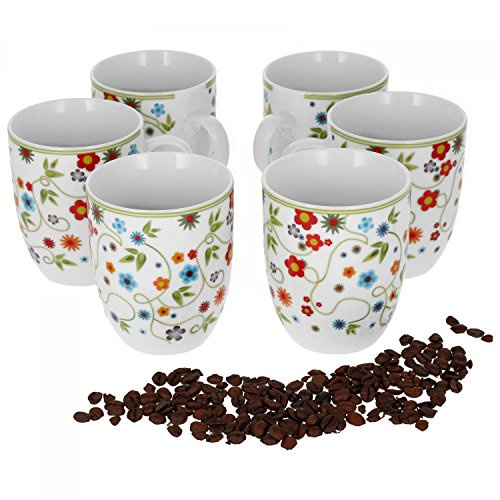 Van Well Vario 6er Kaffeetassen-Set - Porzellan-Tasse groß - in fröhlichen Farben - pflegeleichtes Tassen-Set - für Spülmaschine & Mikrowelle geeignet - 300 ml Kaffeebecher Flower
