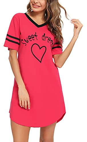 Litherday Nachthemd Damen Nachtwäsche Baumwolle Loungewear Nachtkleid Kurz Negligee Streifen Kurze Ärmel Sleepshirt Kurzarm V-Ausschnitt Sleepwear Bequeme Freizeitkleid