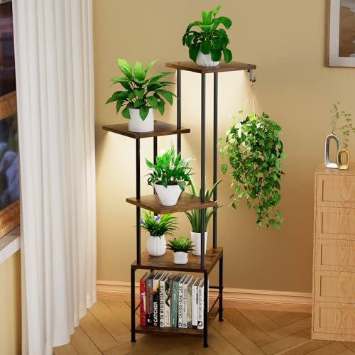 Homsorout Pflanzenständer mit Wachstumslicht - 5 Ebenen Blumenständer, 112cm Pflanzenregal aus Holz und Metall, Innen Blumentreppe Pflanzen Regal für Außen Garten Balkon Deko(Braun)