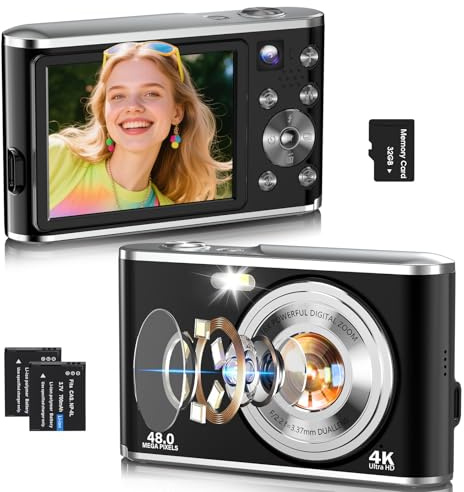 Digitalkamera, AutoFocus 4K Kompaktkamera Fotokamera mit Dual-Kamera mit 32GB Speicherkarte HD 48MP 16X Digitalzoom 2,8 großem Bildschirm Fotoapparat Digitalkamera für Einsteiger（Schwarz）