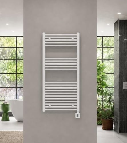 anapont elektrischer Badheizkörper 1175x600 weiß gerade | Handtuchheizkörper mit Thermostat & Timer | 600 W | IPX5 | Made in Germany, optionale Fernbedienung