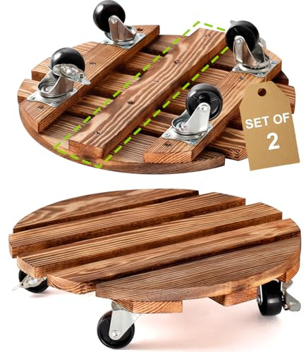 PETSUPS 2X Pflanzenroller aus Holz mit Rädern 30cm 100kg Rund Pflanzenroller mit Metall abschließbare Lenkrollen Heavy Duty Outdoor Rollbrett Pflanzen Blumenroller