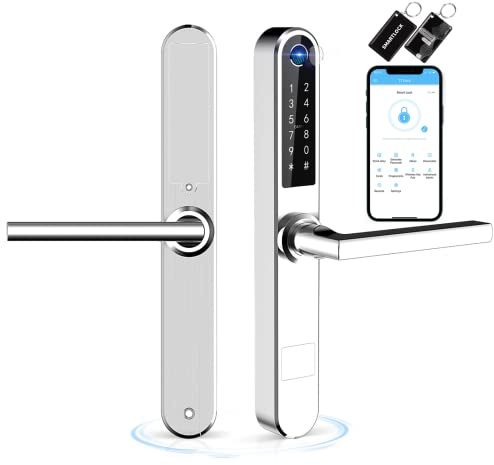 Ruveno Schlank Fingerabdrucks Türschloss, Smartes Türschloss mit Griff, Digitalen Türschloss, Intelligentes Diebstahlsicherung Schloss(silber)