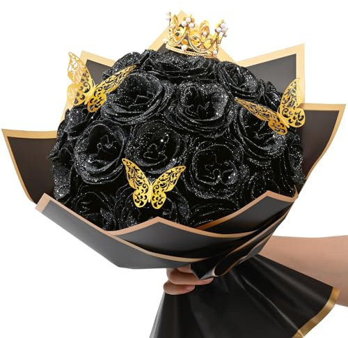 Waipfaru Schwarzer Glitzer-Rosenstrauß, DIY Gefälschte Blumen Blumenstrauß, Immerwährender Glänzender Künstlicher Rosenstrauß für Valentinstag, Jahrestag, Verlobung, Hochzeit, Halloween