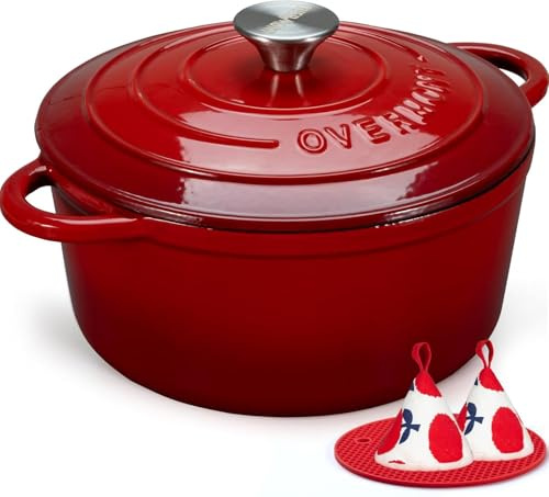 Overmont Schmortopf Gusseisen Topf 26cm - Emaille Bräter mit Deckel backofengeeignet - mit Kochbuch - für Küche Backen Schmoren Braten Rot
