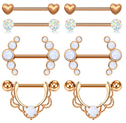 JFORYOU 14G Brustwarzenpiercing Chirurgenstahl Synthetisch Opal Stein Herz Barbell Damen Brustwarze Piercing Schmuck 8 Stück Rosegold Farbe