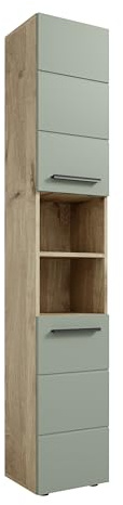VISTA Hochschrank Badschrank Schrank Bad in Viking Oak und Schilf Grün | 34 x 190 x 31 cm (B/H/T), 2 Drehtüren, 2 Einlegeböden, 2 offene Fächer für das Badezimmer, mit viel Stauraum, modernes Design