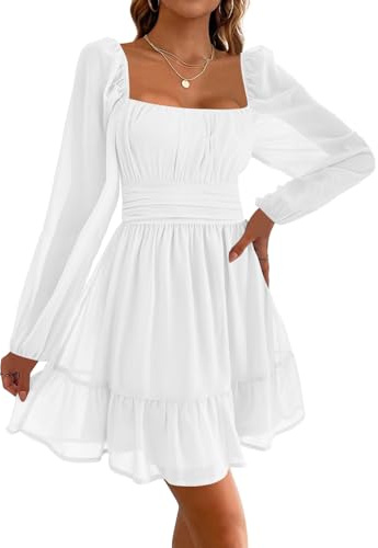 Imily Bela Damen Kleider Square Neck Partykleid Mesh Minikleid High Waist Falten Langarmkleid Hochzeitsgast mit Rüschen(Weiß, XL)
