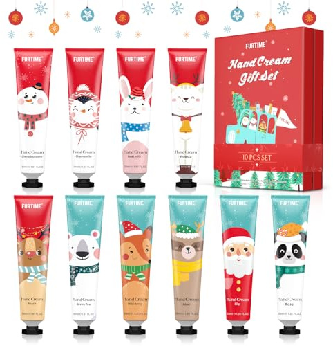 FURTIME Handcreme Mini Set 10er, Weihnachten für Sehr Trockene Hände | 10er Mini Handcreme Set, kleine Weihnachtsgeschenke, Geschenkset für Frauen und Männer, Hände Fuß Feuchtigkeitscreme