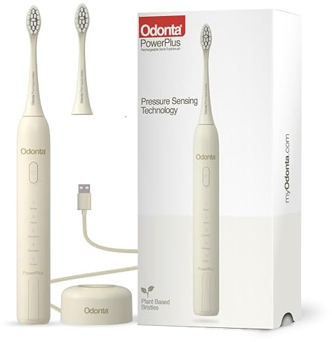 ODONTA PowerPlus Elektrische Schallzahnbürste, 3+ Wochen-Akku, kabelloses Laden, 42.000 VPM, Drucksensor-Technologie, 5 Bürsten-Modi, 2 Bürstenköpfe, weiche pflanzliche Borsten, Reisen