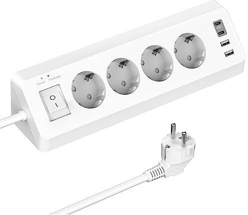 4 Fach Mehrfachsteckdose mit Schalter | Ecksteckdose mit 2 USB und 2 Type-C, Steckdosenleiste Überspannungsschutz mit 2M Kabel für Küche, Weiß