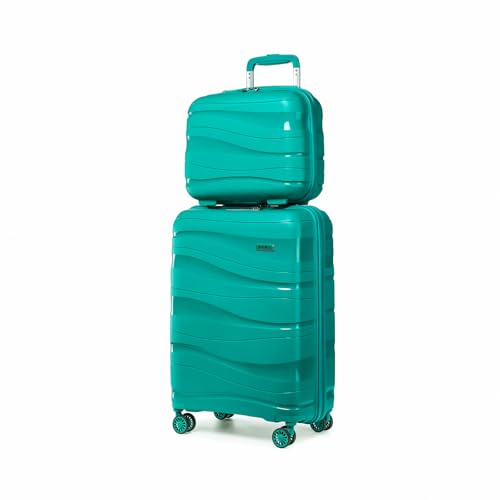 KONO Gepäckset 2-teilig Handgepäck Koffer Trolley 55cm + Kosmetikkoffer aus Polypropylen Hartschale, Koffer mit 4 Rollen und TSA Schloss (Grün)