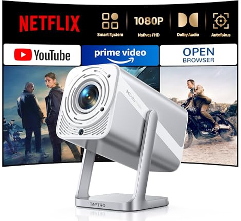 Smart Beamer [Kompatibel mit Netflix & Dolby Audio] Beamer 4K Heimkino 1080P FHD, Tragbarer Projektor 600ANSI Autofokus/Auto Vertikale Trapezkorrektur mit WiFi6 Bluetooth Outdoor 360°Drehbar