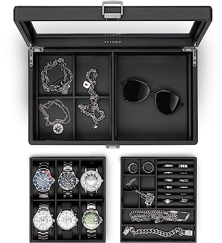 VLANDO Uhrenbox Uhrenkasten mit Glasdecekel, Watch Box für Herren, Uhrenaufbewahrung Schmuckaufbewahrung, Multifunktionale Uhrenvitrine mit 6 Uhrenkissen