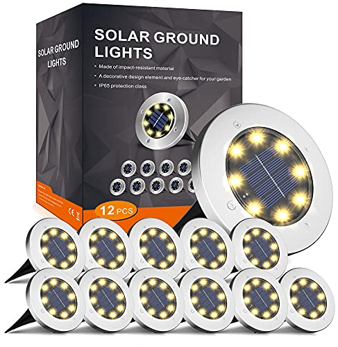 FLOWood 12 Stück Solar Bodenleuchte für Garten 8 LEDS Warmweiß Außenleuchte Wasserdicht Gartenleuchte Edelstahl Kunststoff ampe für außen Auffahrt Gehweg Patio Garden [Energieklasse A]