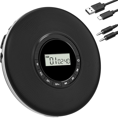 Greadio Tragbarer CD-Player Discman CD Spieler Anti-Skip Schutz 4 EQ-Sounds CD Player, TF-Karte/AUX-Ausgang Klein Musik Player, kompatibel mit CD-R, CD-RW und MP3 für Auto Zuhause (Schwarz)