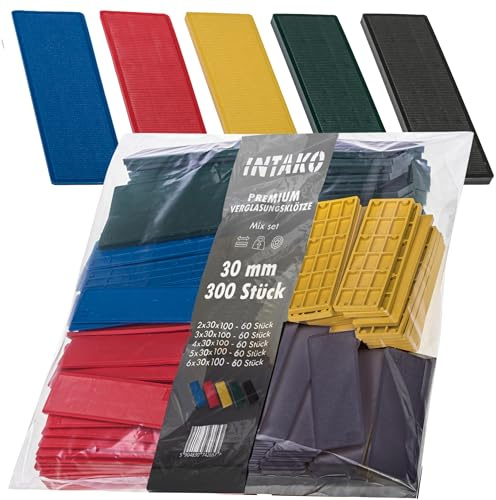 INTAKO Verglasungsklötze Kunststoff - 30 x 100 mm - Sechs Höhen von 2 bis 6 mm - Abstandhalter - Distanzklötze - Unterlegplatten - Fensterklötze (30mm - 2-6mm - 300 Stück)