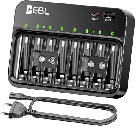 EBL Akku Ladegerät für AA AAA 9V Akkus, Kompatibel mit NI-MH Batterien, USB-C PD3.0 & Micro USB Eingang, Schnellladegerät