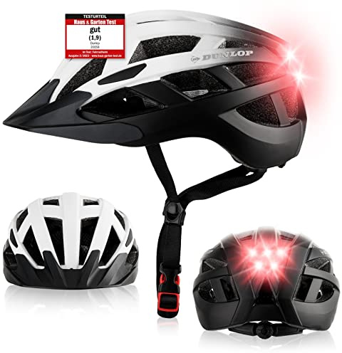 Dunlop Sports Fahrradhelm mit Licht - Sofort gesehen Werden - Ultraleichter Spezial Damen Herren Kinder Fahrrad Helm Visier und Rücklicht für hohe Sicherheit - Urban (Weiß/Schwarz, M (55-59 cm))