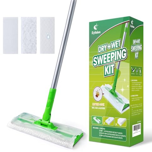 Eyliden Bodenwischer Starter-Set, 1 Stab + 24 Trockene Bodentücher + 12 Feuchte Bodentücher, 3-in-1 Mopp-Set für Nass- und Trockenreinigung, geeignet für alle Arten von Bodenbelägen