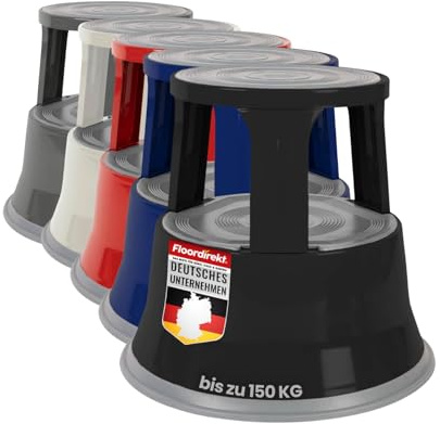 Floordirekt Rollhocker, Tritthocker, Elefantenfuß - Hocker aus Stahl bis 150kg Tragkraft für Büro oder Gewerbe - TÜV + GS geprüft (Schwarz, Metall)