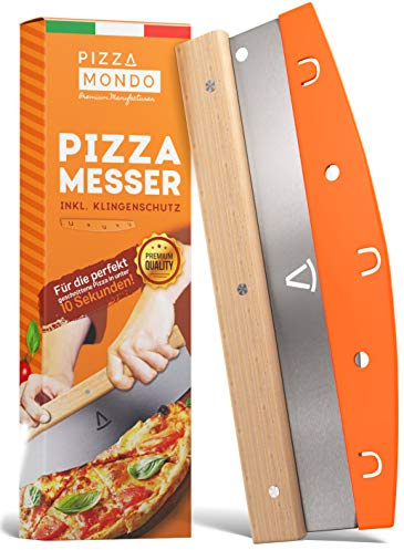 Pizzaschneider - Profi Pizzamesser (Pizza Cutter) effektiver als Pizzaroller - Premium Pizza Wiegemesser aus Edelstahl 32cm mit Holzgriff - Schnelles und gleichmäßiges Schneiden