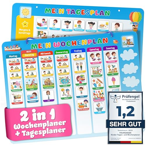 YOURGANIZE® 2-in-1 Wochenplaner und Tagesplaner für Kinder - inkl. 196 Magnete + 160 Sticker zum Personalisieren - Routine Planer Kinder