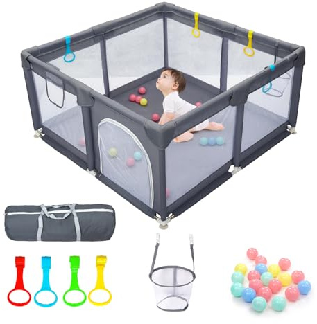 CHOLY Baby Playpen for Babies and Toddlers, Durable Play Pen with Visible Breathable Mesh, Foam Protection, Easy to Assemble Infant Fence -128 ×128cm(Dunkelgrau, 128 * 128cm)