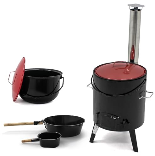 Muntel Gulaschkanone 14 Liter Gulaschkessel, Mit Zubehör Suppenkelle, mit Grillrost, Zwei Töpfe, Griffe aus Holz, Kaminrohr, 92 x 35 x 45 cm, Schwarz