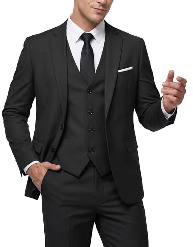 MY'S Herren 3-teiliges Slim-Fit-Anzug-Set, 2-Knopf-Blazer-Jacke, Weste, Hose mit Krawatte, solides Hochzeitskleid, Smoking und Hose, Schwarz, Large