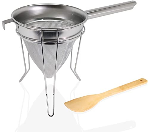 Anchy Premium 20cm Spitzsieb Edelstahl Set mit Ständer & Spatel – Chinois Feinmaschiges Sieb, Großes Konisches Trichtersieb, Professionelles Bouillonsieb für Soßen, Suppen, Brühe, Gelee & Pürees