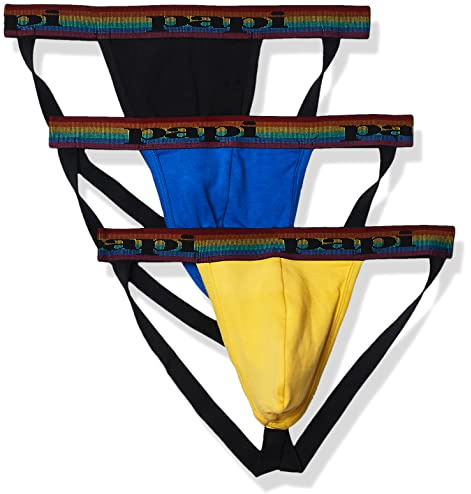 Papi Men's 3-Pack Jockstrap, Athletic Supporter, Breathable Male Workout Underwear, Prince Blue/Mimosa Yellow/Black, Medium