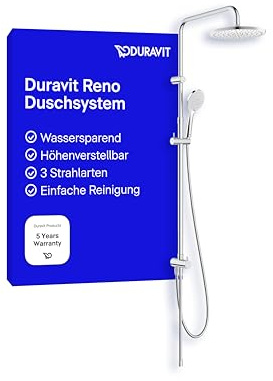 Duravit Reno Duschsystem, wassersparende Regendusche Ø 25 cm mit Umsteller, Duschset ohne Armatur, Handbrause mit Schlauch und 3 Strahlarten, ideal für Renovierungen, Chrom