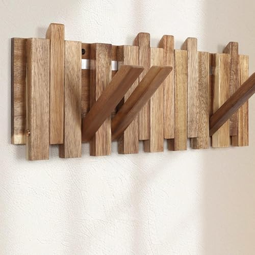 Garderobenleiste Holz im rustikalen Stil mit 8 Haken: Versetzter Stil magnetisch Herunterklappbare Wandhaken für Flur – 42,5 cm – platzsparende Wandgarderobe für Jacken, Mäntel, Taschen