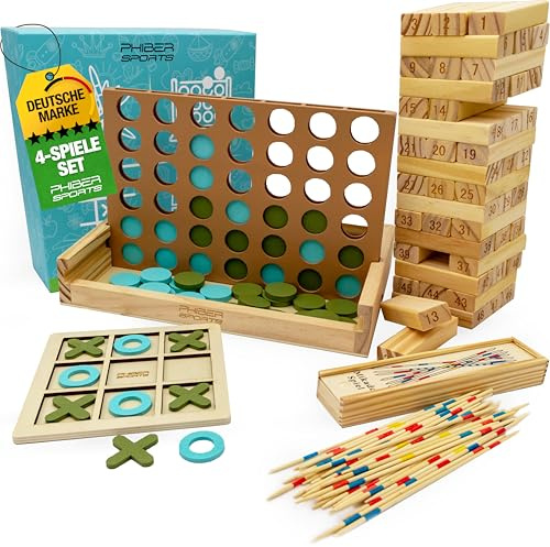 PHIBER-SPORTS 4-in-1 Holz Spielesammlung: Wackelturm, Vier-in-Einer-Reihe, Tic Tac Toe & Mikado Kinder & Erwachsene - Robust, Langlebig & Plastikfrei - Holzturm 4 Spiel