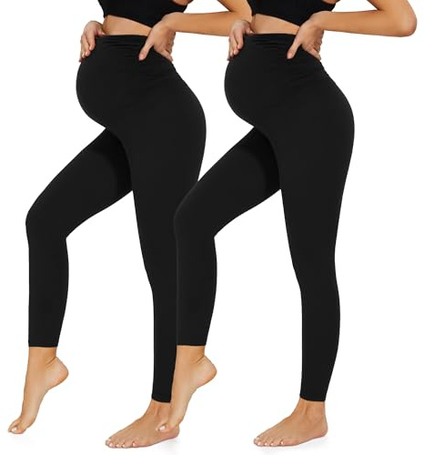 HIPOWER 2er Pack Umstandsleggings Damen High Waist Umstandsmode | Weich Schwangerschaftsleggings Blickdicht Sport Umstandshose Elastisch Maternity