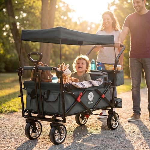 Miweba Faltbarer Bollerwagen MB-20 | Sonnendach UV-beständig - 2X Anschnallgurte - Transportwagen für Kinder - Traglast 100 Kg - Wagen - Feststellbremse - Hartgummireifen (Grau)