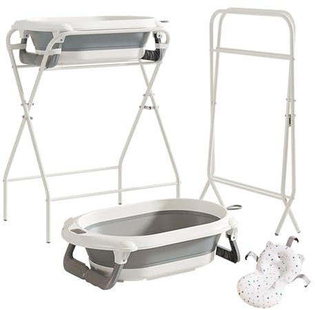UBRAVOO Faltbare Babybadewanne – Ständer + Thermometer + Badekissen, Für Neugeborene bis 12 Monate (Grau)