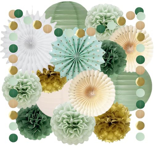 Salbeigrün Party Dekorationen Salbeigrün Creme Gold Seidenpapier Pom Poms Papierfächer Olive Seidenpapier Pompoms Salbei Gold Kreis Punkte Girlande Geburtstagsdeko für Babyparty Hochzeit