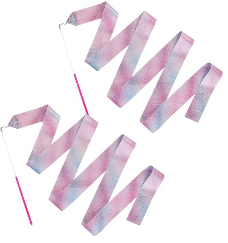 FuzlPnag 2 Stück Gymnastikband mit Stab,2M Regenbogen Bänder für Gymnastik,Rhythmische Sportgymnastik Band Tanzbänder,Fits Artistic Dancing Gymnastics, Circus Carnival Shows, Baton Stick Twirling