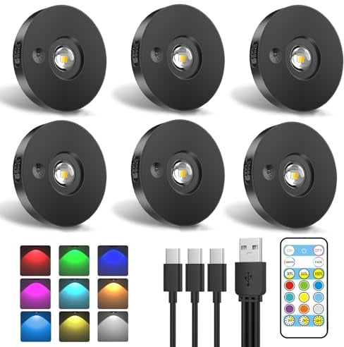 Ylatoial Schrankbeleuchtung USB Aufladbare RGB Katzenaugen LED Spot Akku mit Fernbedienung - 9 Farben, Dimmbar, Magnetisch, Timer, LED Unterbauleuchte Vitrinenbeleuchtung Regal Beleuchtung (6er Pack)
