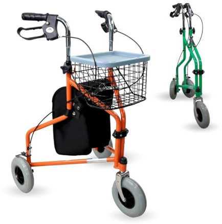 Mobiclinic®, Rollator mit 3 Rädern, Faltbar, Höhenverstellbare, mit Korb, Tasche und Handbremsen, Leicht, Gehhilfe für Senioren, Orange, Caleta