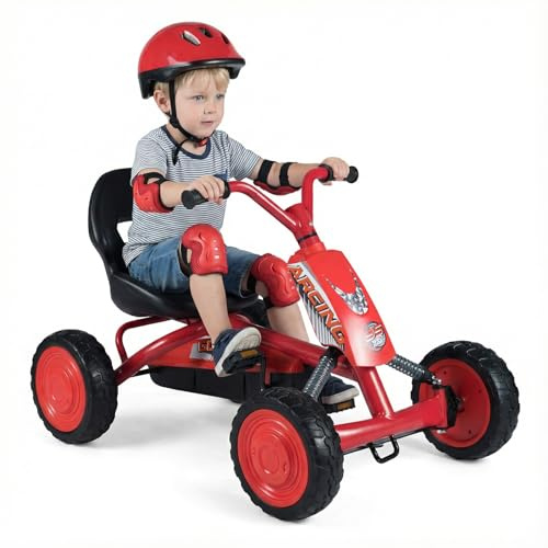 FANTASK Kinder Gokart mit Pedal, Verstellbarer Sitz, Vor- & Rückwärtsgang, Belastbar bis 30 kg, Outdoor Tretauto für Jungen & Mädchen ab 3 Jahren (Rot)